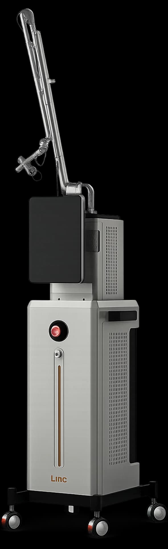 Laser Hybrid CO₂, torre cinza com braço articulado espelhado e base com rodízios