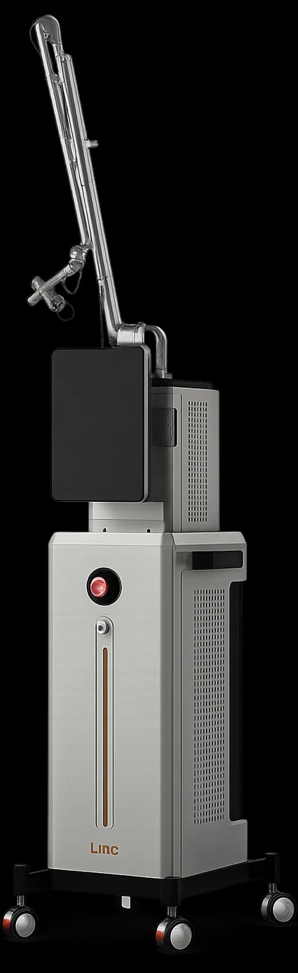 Laser Hybrid CO₂, torre cinza com braço articulado espelhado e base com rodízios